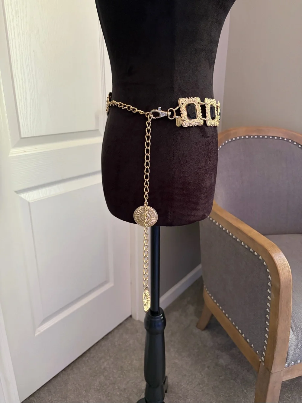 Gold-Tone Statement Waist Belt with Black Gem Accents